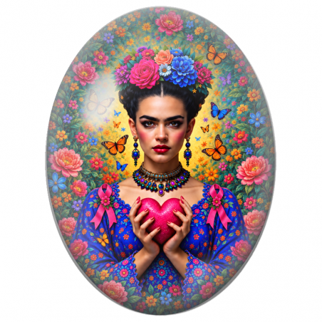 Cabochon en Verre Illustré Femme au Cœur Rose et Couronne Fleurie 13x18, 18x25 ou 30x40mm