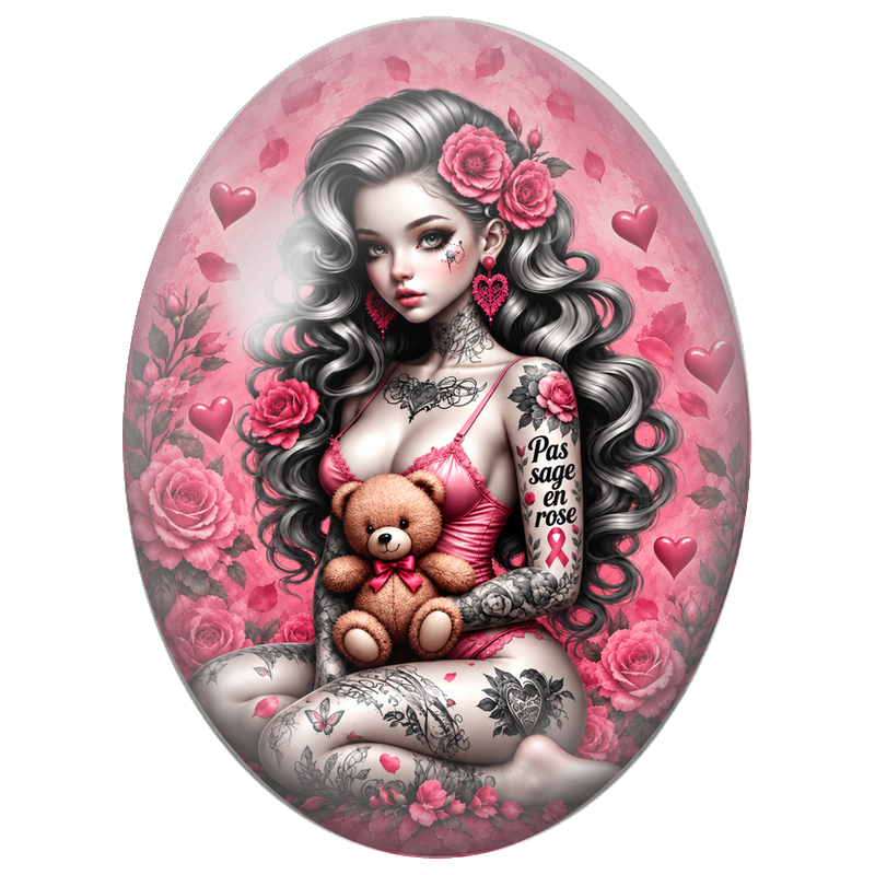 Cabochon en Verre Illustré Femme Tatouée Pas Sage en Rose 13x18, 18x25 ou 30x40mm pour la Création de Bijoux Fantaisie - DIY