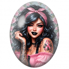 Cabochon en Verre Illustré Femme Tatouée au Bandana Rose 13x18, 18x25 ou 30x40mm pour la Création de Bijoux Fantaisie - DIY