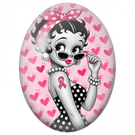 Cabochon en Verre Illustré Pin-Up Rétro au Ruban Rose 13x18, 18x25 ou 30x40mm