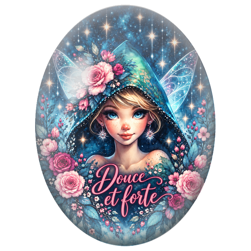 Cabochon en Verre Illustré Fée Douce et Forte 13x18, 18x25 ou 30x40mm pour la Création de Bijoux Fantaisie - DIY