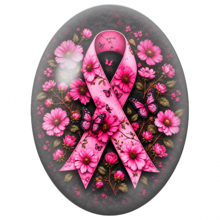 Cabochon en Verre Illustré Ruban Rose aux Cosmos et Papillons 13x18, 18x25 ou 30x40mm