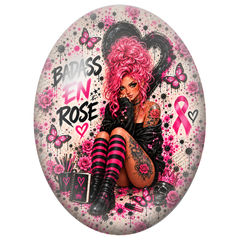 Cabochon en Verre Illustré Badass en Rose 13x18, 18x25 ou 30x40mm pour la Création de Bijoux Fantaisie - DIY