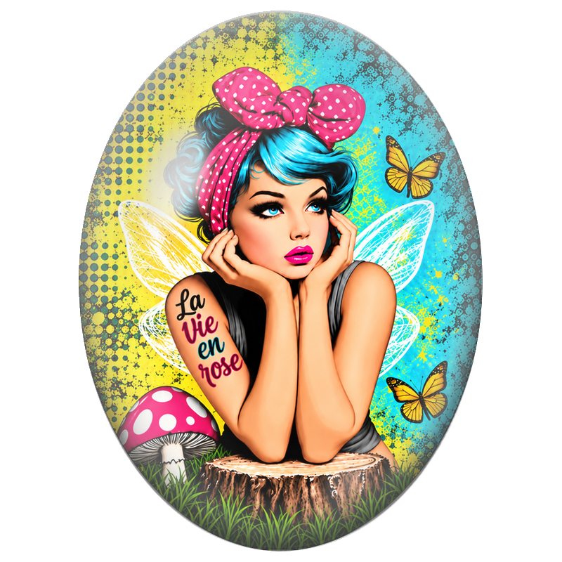 Cabochon en Verre Illustré Fée Pop La Vie en Rose 13x18, 18x25 ou 30x40mm pour la Création de Bijoux Fantaisie - DIY