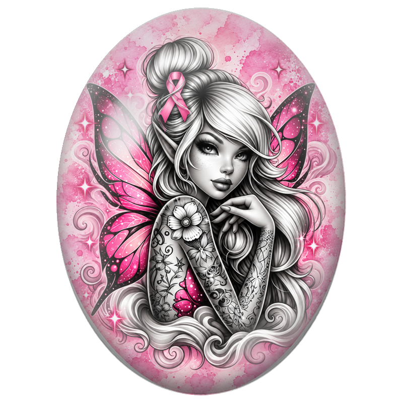 Cabochon en Verre Illustré Fée Tatouée aux Ailes Roses 13x18, 18x25 ou 30x40mm pour la Création de Bijoux Fantaisie - DIY