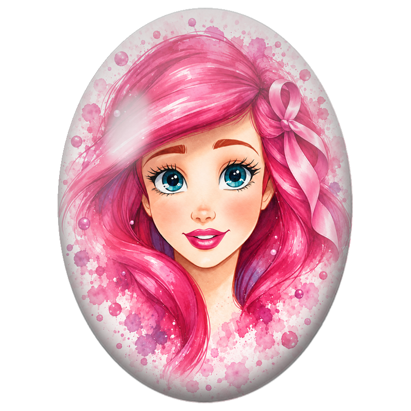 Cabochon en Verre Illustré Princesse aux Cheveux Fuchsia 13x18, 18x25 ou 30x40mm pour la Création de Bijoux Fantaisie - DIY