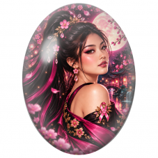 Cabochon en Verre Illustré Femme Japonaise au Ruban Rose 13x18, 18x25 ou 30x40mm pour la Création de Bijoux Fantaisie - DIY