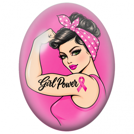 Cabochon en Verre Illustré Girl Power au Ruban Rose 13x18, 18x25 ou 30x40mm