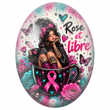 Cabochon en Verre Illustré Femme Rose et Libre dans une Tasse 13x18, 18x25 ou 30x40mm pour la Création de Bijoux Fantaisie - DIY