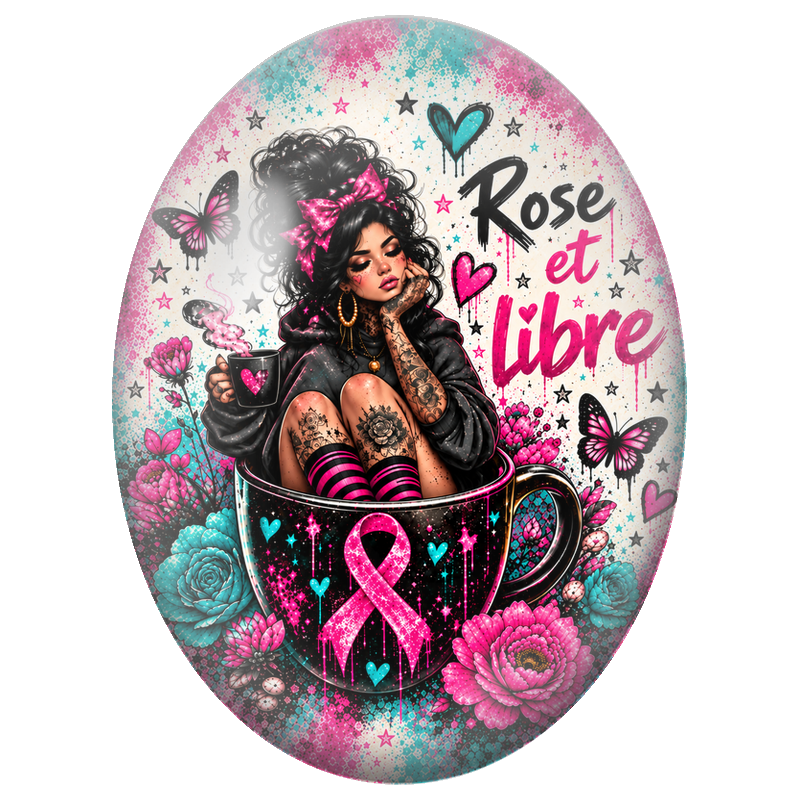 Cabochon en Verre Illustré Femme Rose et Libre dans une Tasse 13x18, 18x25 ou 30x40mm pour la Création de Bijoux Fantaisie - DIY