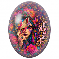 Cabochon en Verre Illustré Femme au Masque de Renard Rose Sauvage 13x18, 18x25 ou 30x40mm pour la Création de Bijoux Fantaisie