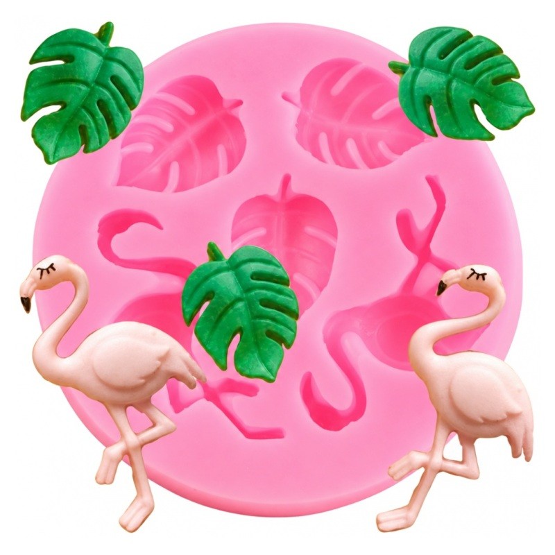 Moule en Silicone Flamant Rose et Feuilles Tropicales Fimo Résine Gâteau