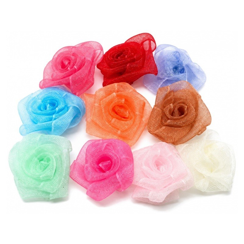 40 Appliques Roses en Organza Multicolore 20mm