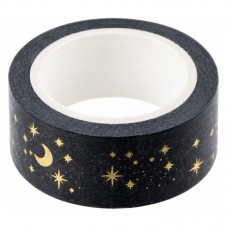 Masking Tape Washi Lune et Étoiles Noir et Doré 15mm x 5m pour la Création de Bijoux Fantaisie - DIY