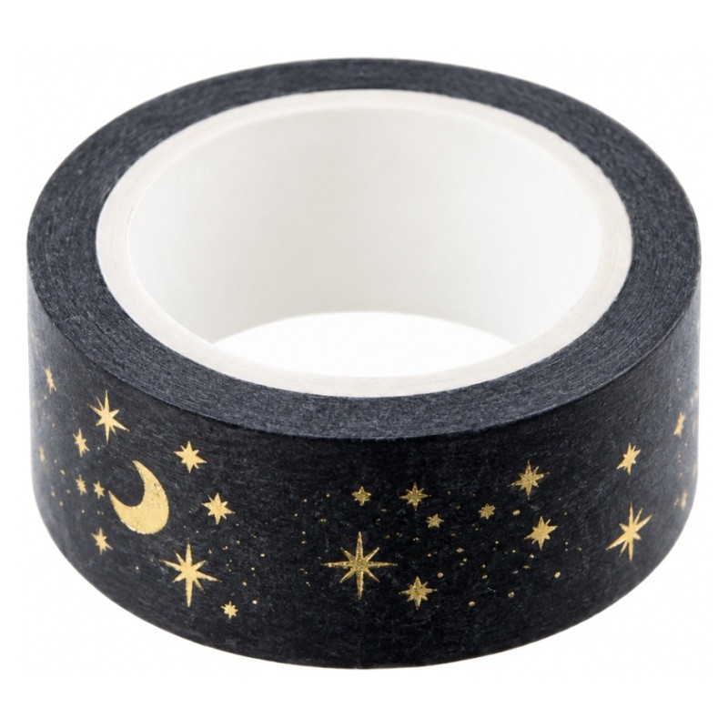 Masking Tape Washi Lune et Étoiles Noir et Doré 15mm x 5m