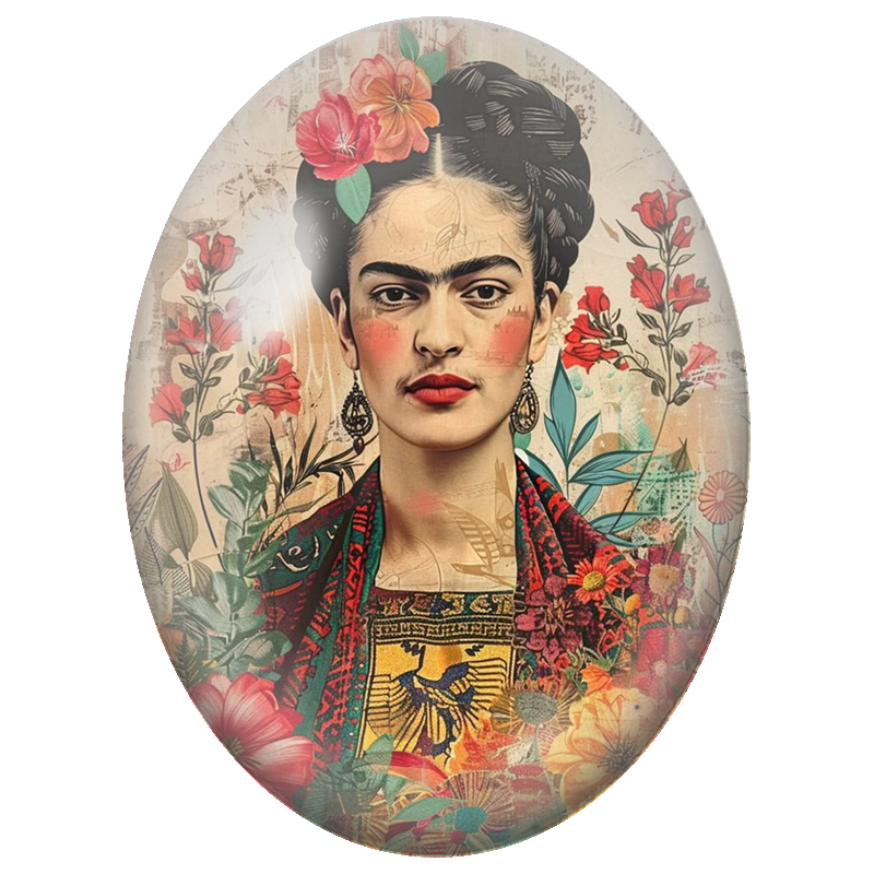 Cabochon en Verre Illustré Frida Kahlo au Jardin Fleuri 13x18, 18x25 ou 30x40mm