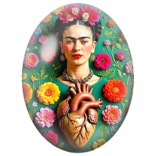 Cabochon en Verre Illustré Frida Kahlo au Cœur Anatomique et aux Fleurs pour la Création de Bijoux Fantaisie - DIY