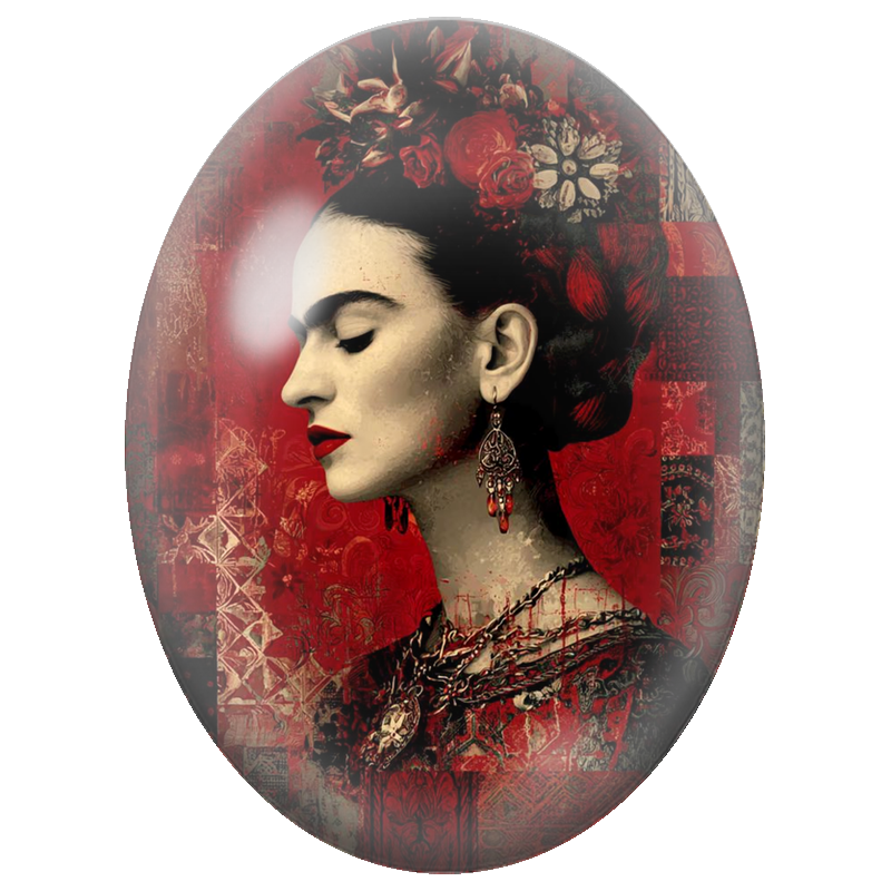 Cabochon en Verre Illustré Frida Kahlo Gothique aux Roses Rouges 13x18, 18x25 ou 30x40mm