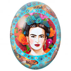 Cabochon en Verre Illustré Frida Kahlo aux Fleurs et aux Perles Turquoise pour la Création de Bijoux Fantaisie - DIY