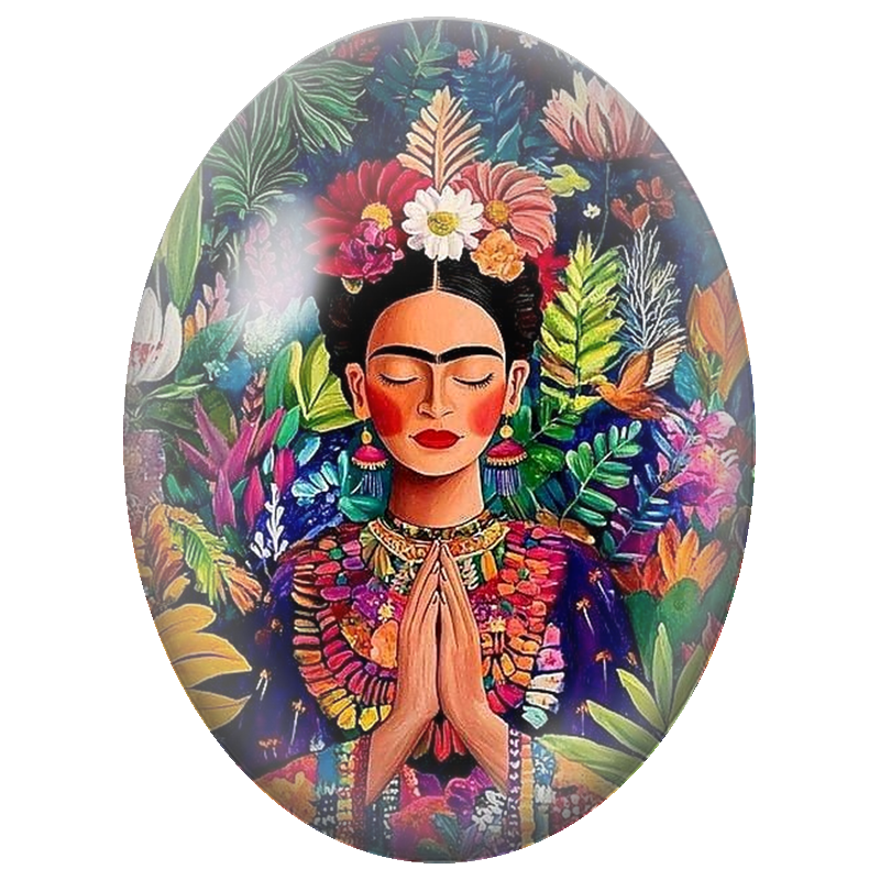 Cabochon en Verre Illustré Frida Kahlo en Prière au Jardin Tropical 13x18, 18x25 ou 30x40mm