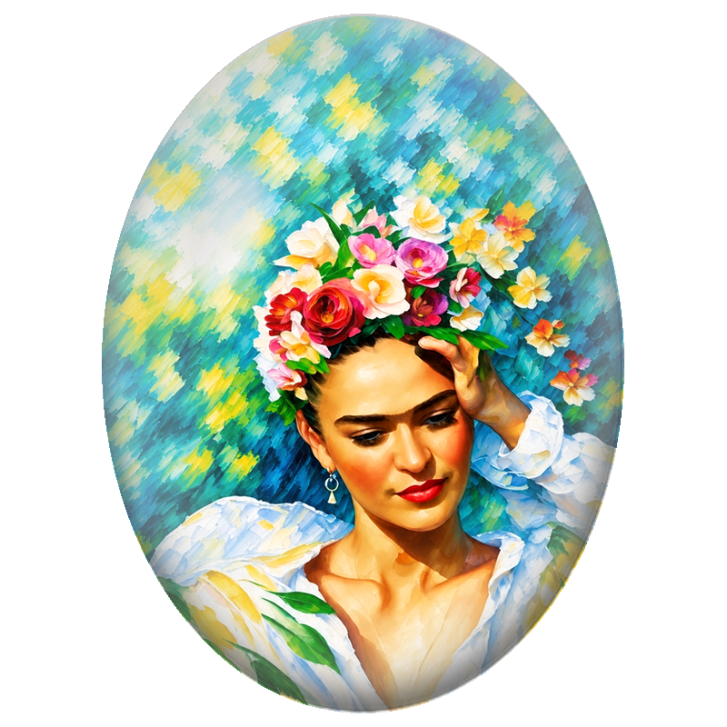 Cabochon en Verre Illustré Frida Kahlo au Bouquet de Fleurs Blanches 13x18, 18x25 ou 30x40mm