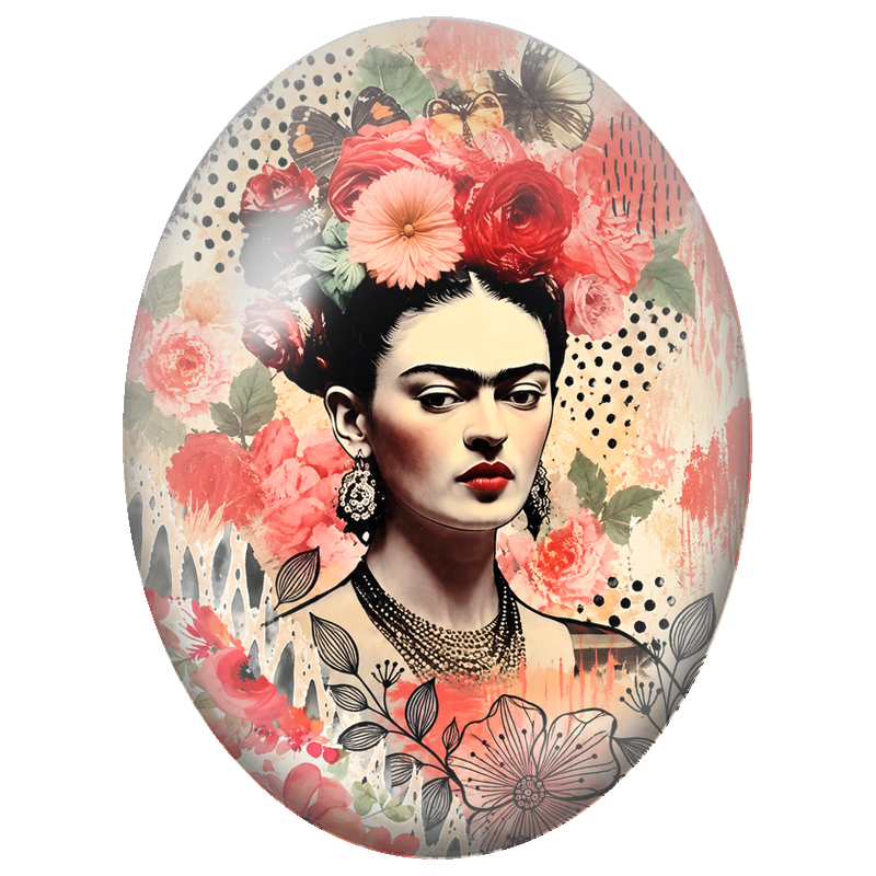 Cabochon en Verre Illustré Frida Kahlo aux Papillons et aux Fleurs Corail 13x18, 18x25 ou 30x40mm