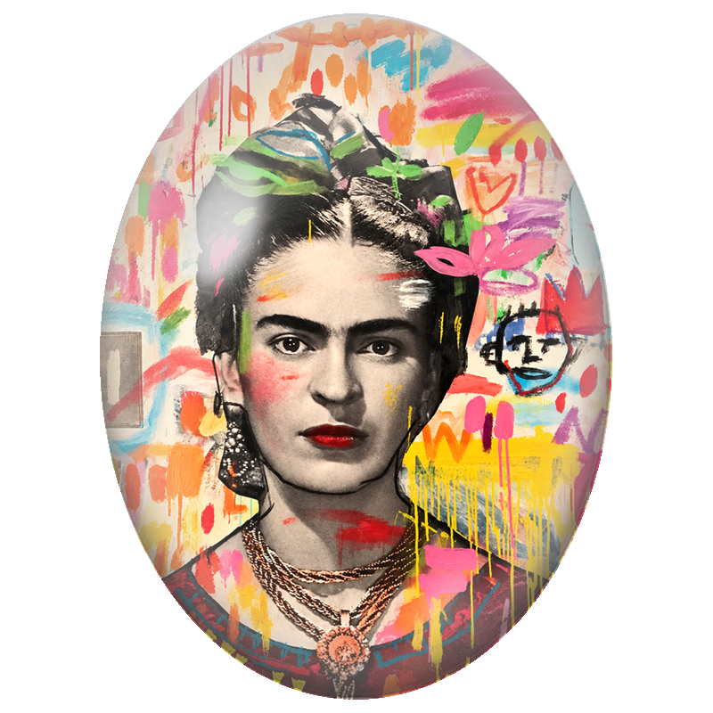 Cabochon en Verre Illustré Frida Kahlo Pop Art aux Colliers Dorés 13x18, 18x25 ou 30x40mm