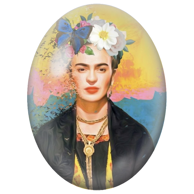 Cabochon en Verre Illustré Frida Kahlo au Papillon Bleu 13x18, 18x25 ou 30x40mm