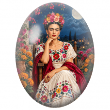 Cabochon en Verre Illustré Frida Kahlo à la Lune et aux Fleurs pour la Création de Bijoux Fantaisie - DIY