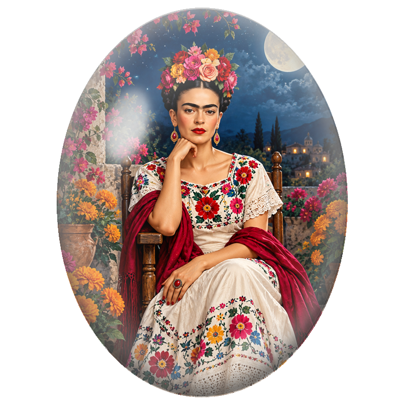 Cabochon en Verre Illustré Frida Kahlo à la Lune et aux Fleurs 13x18, 18x25 ou 30x40mm