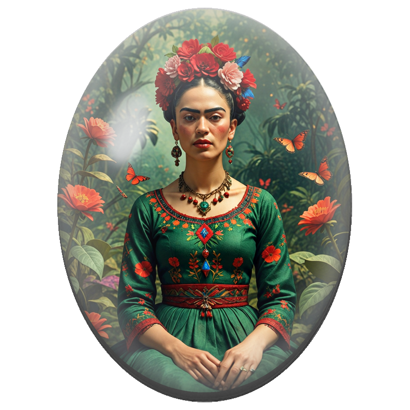 Cabochon en Verre Illustré Frida Kahlo au Jardin aux Papillons 13x18, 18x25 ou 30x40mm