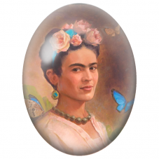 Cabochon en Verre Illustré Frida Kahlo au Papillon Bleu et aux Roses pour la Création de Bijoux Fantaisie - DIY