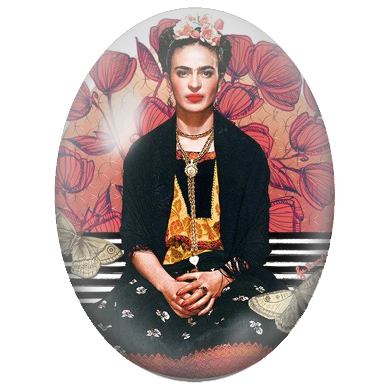 Cabochon en Verre Illustré Frida Kahlo aux Papillons et aux Fleurs Graphiques 13x18, 18x25 ou 30x40mm