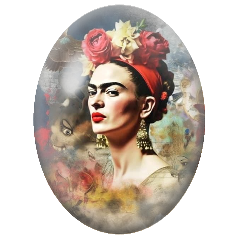 Cabochon en Verre Illustré Frida Kahlo aux Roses et aux Oiseaux 13x18, 18x25 ou 30x40mm