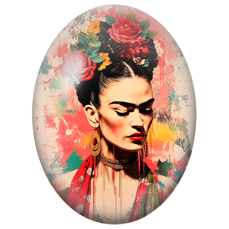 Cabochon en Verre Illustré Frida Kahlo aux Roses Rouges et au Châle Coloré 13x18, 18x25 ou 30x40mm