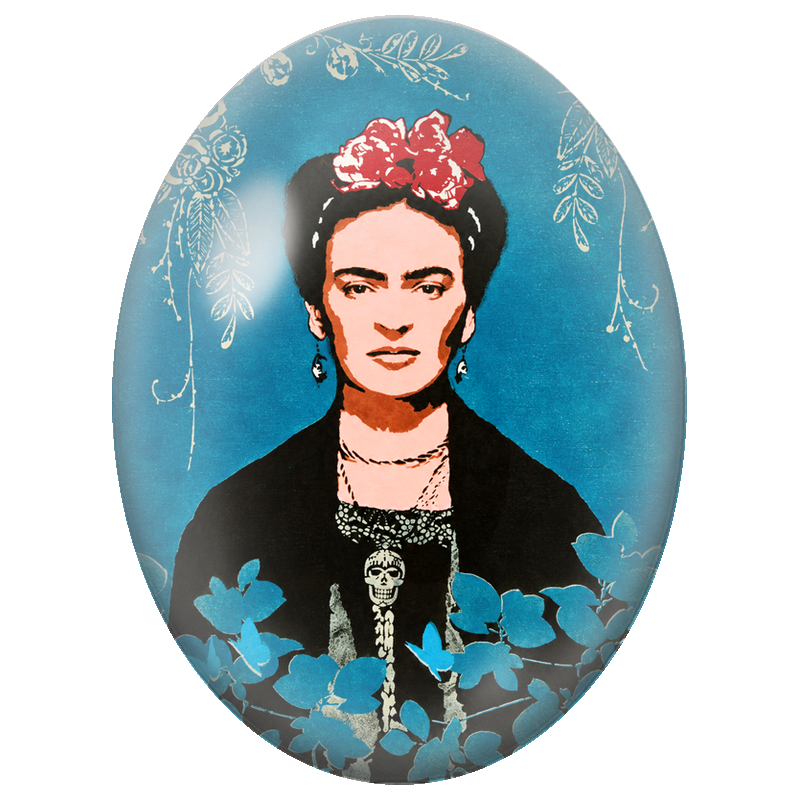 Cabochon en Verre Illustré Frida Kahlo aux Papillons Bleus et au Crâne 13x18, 18x25 ou 30x40mm