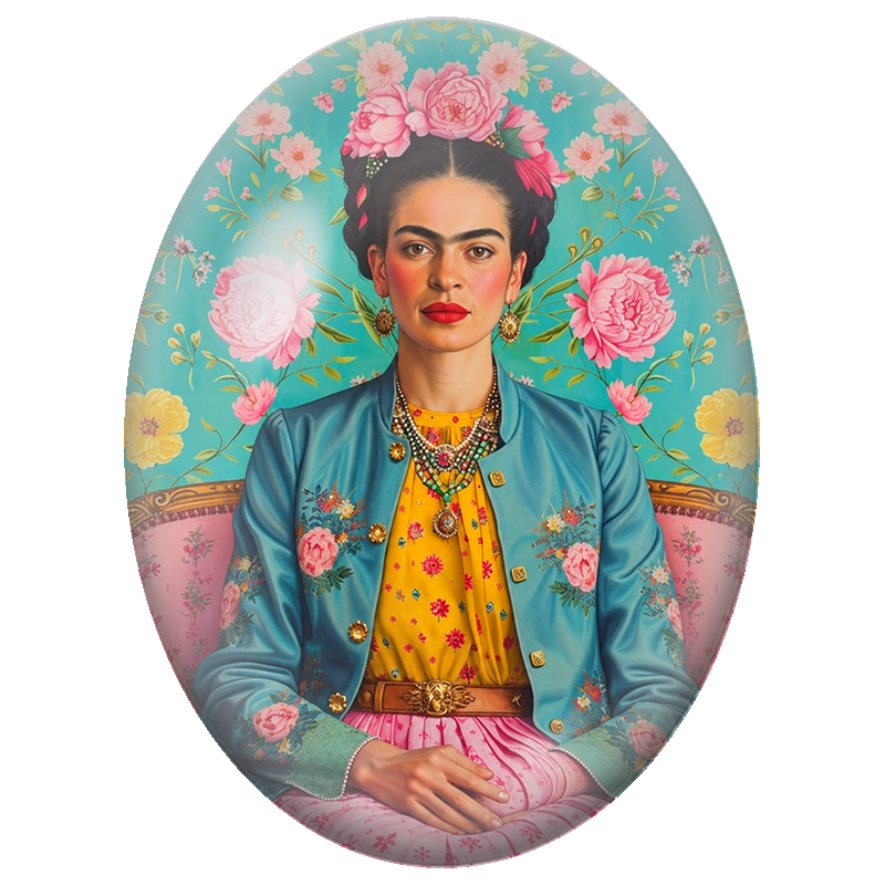 Cabochon en Verre Illustré Frida Kahlo au Jardin de Pivoines 13x18, 18x25 ou 30x40mm