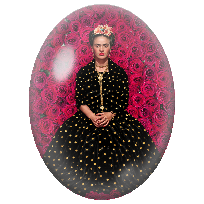 Cabochon en Verre Illustré Frida Kahlo à la Robe Noire et aux Roses 13x18, 18x25 ou 30x40mm