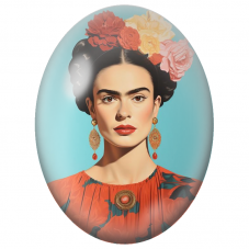 Cabochon en Verre Illustré Frida Kahlo au Portrait Turquoise et Corail pour la Création de Bijoux Fantaisie - DIY
