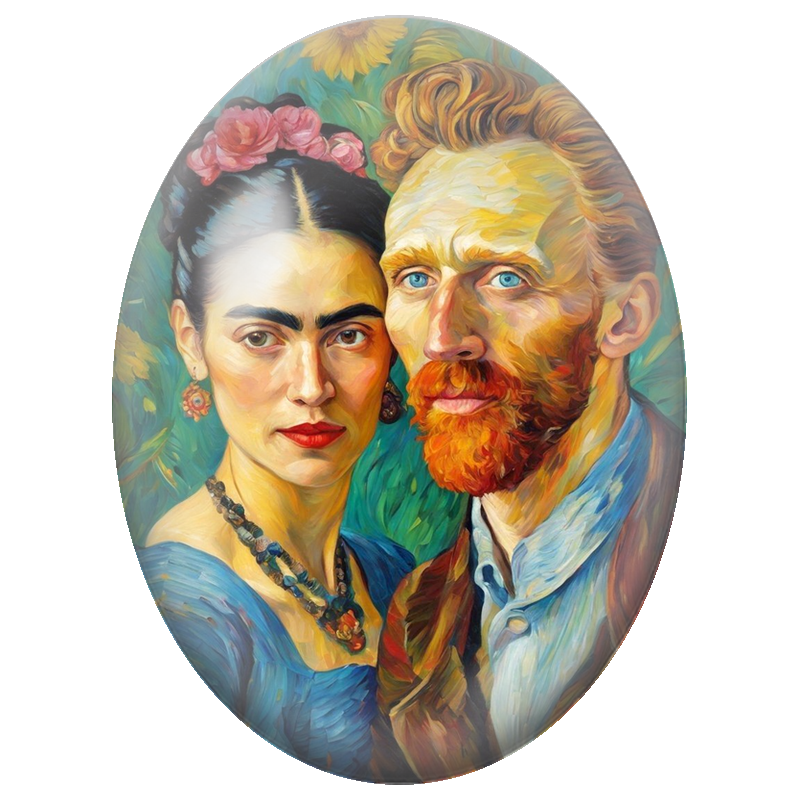 Cabochon en Verre Illustré Frida Kahlo et Diego Rivera au Jardin 13x18, 18x25 ou 30x40mm