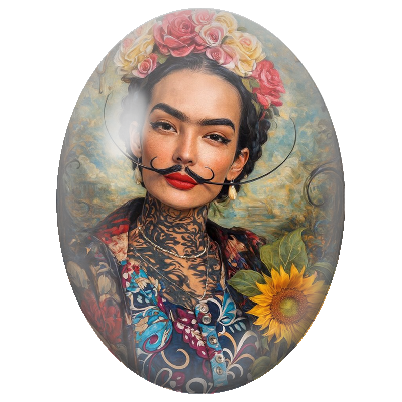Cabochon en Verre Illustré Frida Kahlo à la Moustache et au Tournesol 13x18, 18x25 ou 30x40mm