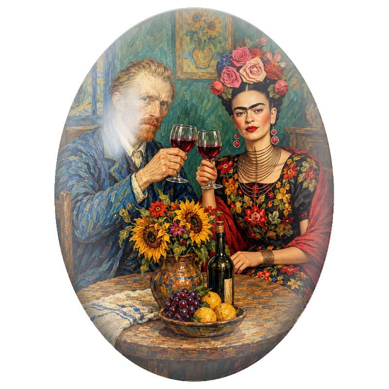 Cabochon en Verre Illustré Frida Kahlo et Van Gogh au Vin 13x18, 18x25 ou 30x40mm