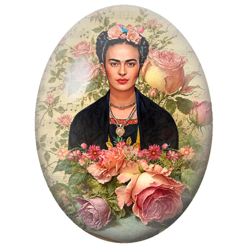 Cabochon en Verre Illustré Frida Kahlo au Bouquet de Roses Anciennes 13x18, 18x25 ou 30x40mm