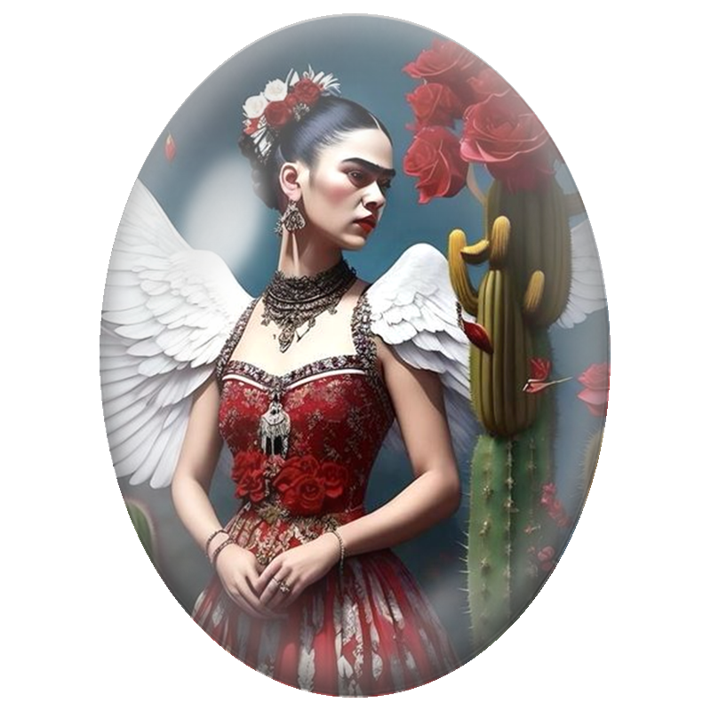 Cabochon en Verre Illustré Frida Kahlo Ange aux Roses et au Cactus 13x18, 18x25 ou 30x40mm