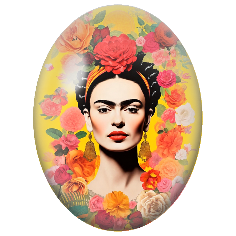 Cabochon en Verre Illustré Frida Kahlo au Jardin de Roses Colorées 13x18, 18x25 ou 30x40mm
