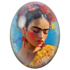 Cabochon en Verre Illustré Frida Kahlo au Châle Jaune pour la Création de Bijoux Fantaisie - DIY