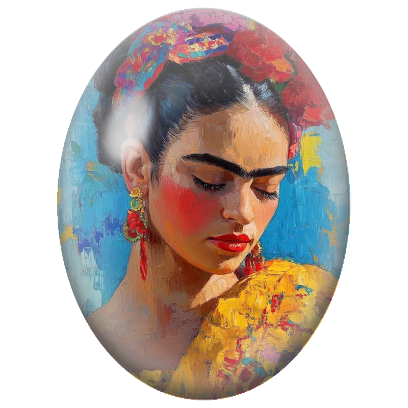 Cabochon en Verre Illustré Frida Kahlo au Châle Jaune 13x18, 18x25 ou 30x40mm