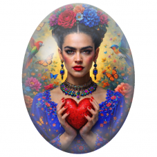 Cabochon en Verre Illustré Frida Kahlo au Cœur Rouge et aux Perroquets pour la Création de Bijoux Fantaisie - DIY