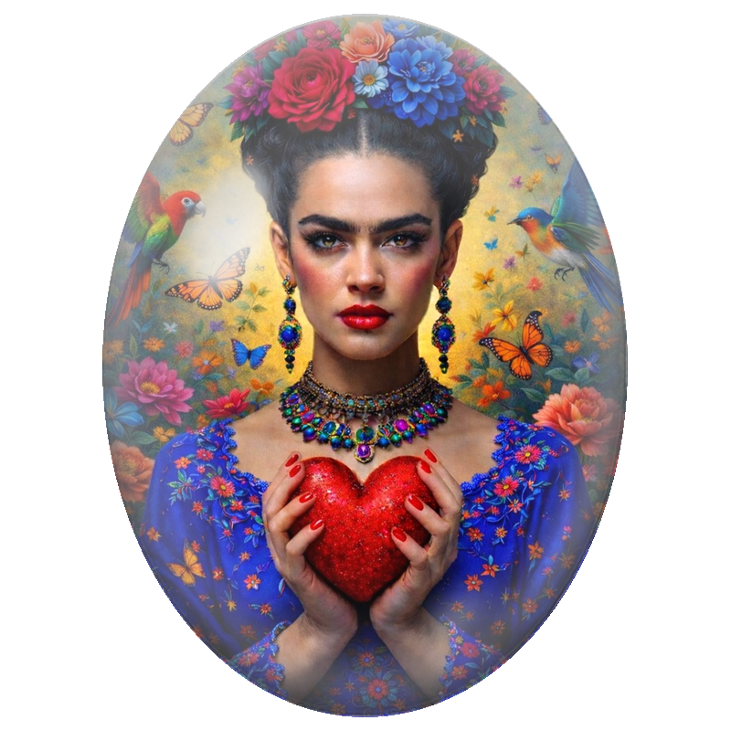 Cabochon en Verre Illustré Frida Kahlo au Cœur Rouge et aux Perroquets 13x18, 18x25 ou 30x40mm