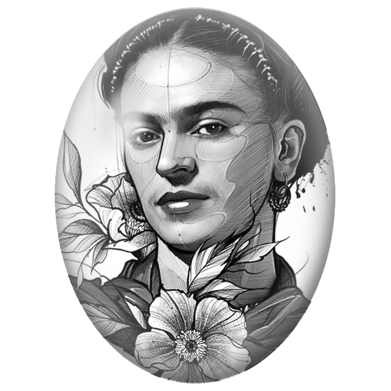 Cabochon en Verre Illustré Frida Kahlo au Portrait Dessiné aux Fleurs 13x18, 18x25 ou 30x40mm